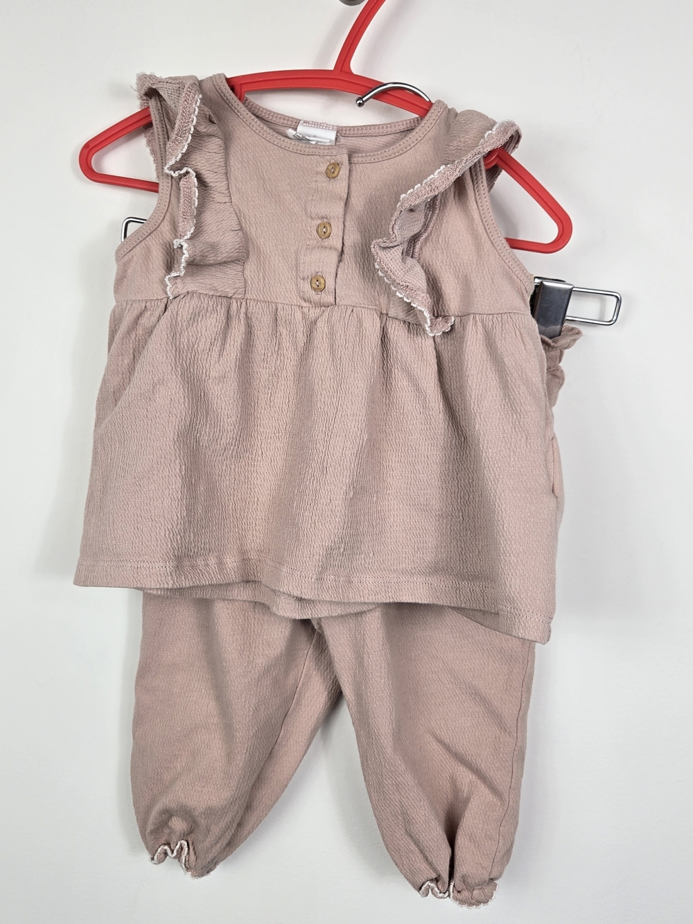 H&M Baby Set 9-12 Months Soft Pink Textured Button-Front Top & Pants Outfit